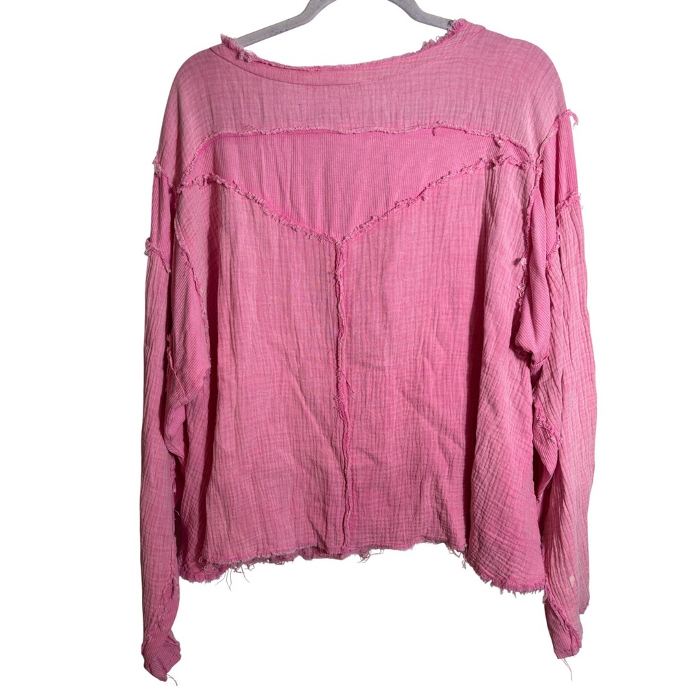 POL Pink Cotton Gauze Raw Hem Henley Top Size Large Oversized - Picture 2 of 4